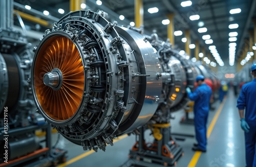 Jet engine assembly process in aerospace manufacturing facility. Workers assemble jet engines, showcasing engineering, precision, industrial. Production of aircraft turbines in factory.