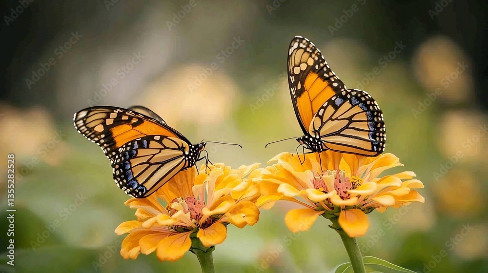 Naklejka premium Monarch butterflies resting zinnias golden hour sidelight shallow focus on wing patterns