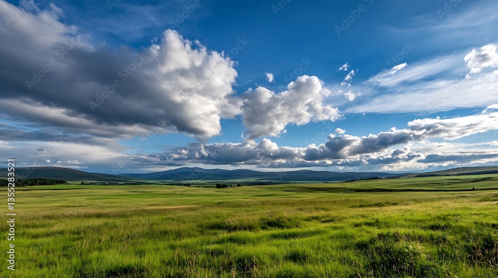 Vivid panoramic landscape showcasing lush green fields under a dramatic sky : Generative AI Vivid panoramic landscape showcasing lush green fields under a dramatic sky : Generative AI