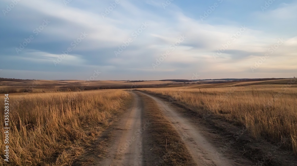 Fototapeta premium Winding dirt path through golden fields under a wide sky capturing a sense of adventure and wandering : Generative AI