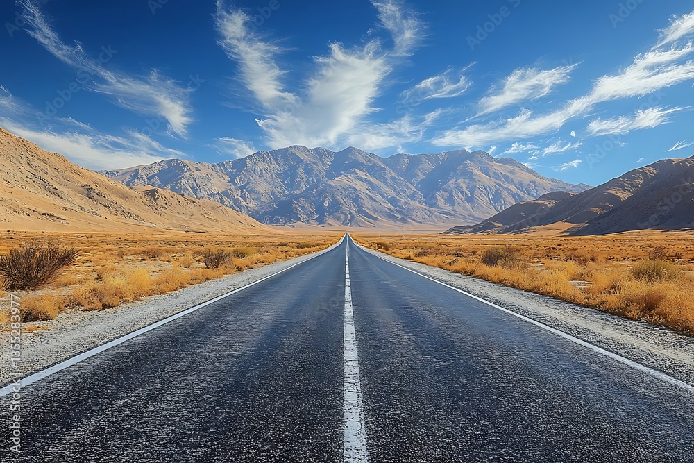 Asphalt Road Stretching to Mountains Under Clear Blue Sky Landscape Perspective View Asphalt Road Stretching to Mountains Under Clear Blue Sky Landscape Perspective View