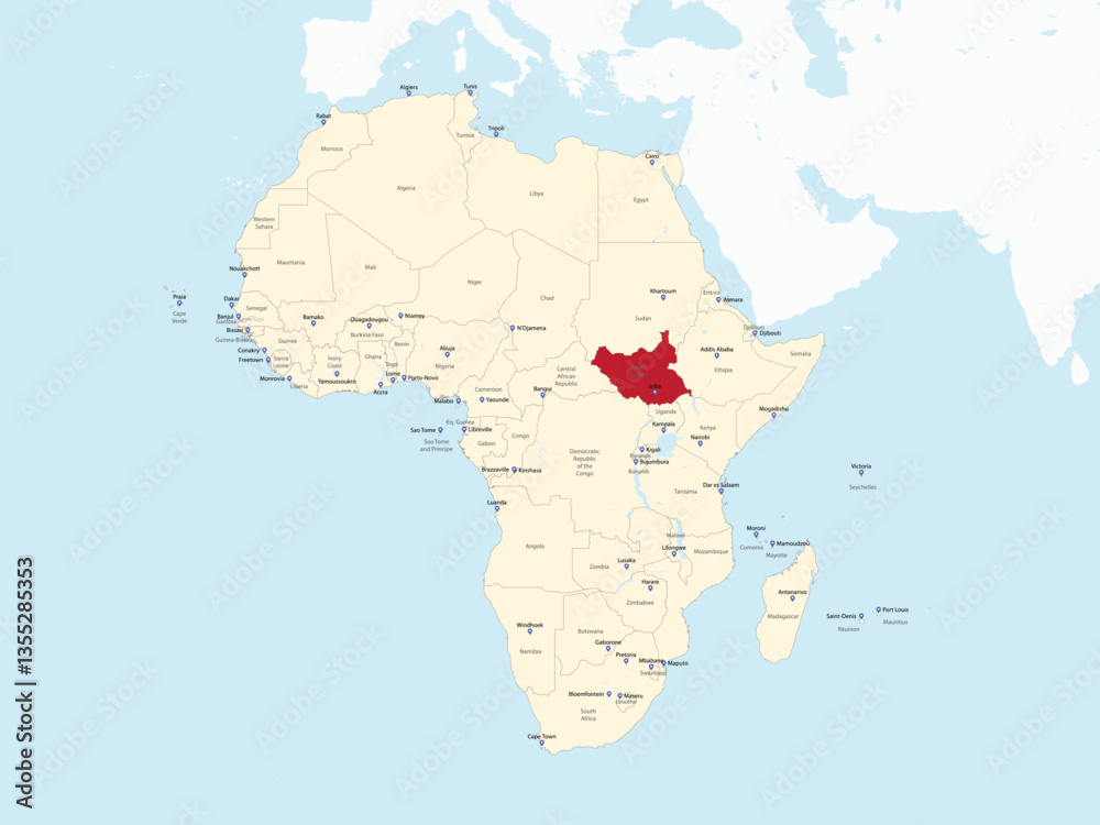 Obraz premium Detailed national location map of SOUTH SUDAN within the great continent of Africa