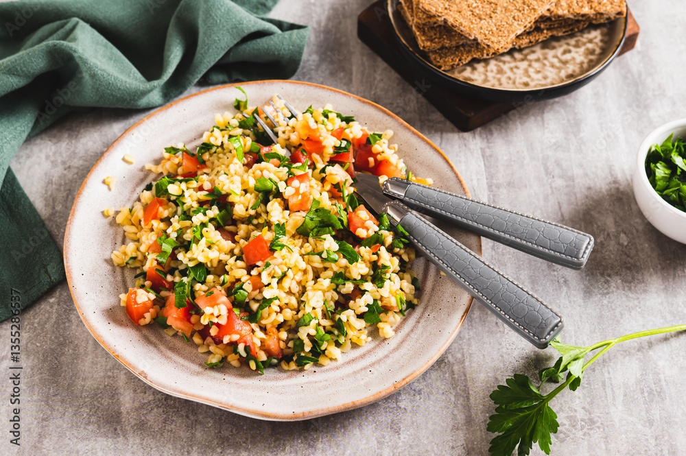 Traditional vegetarian tabbouleh salad on a plate on the table