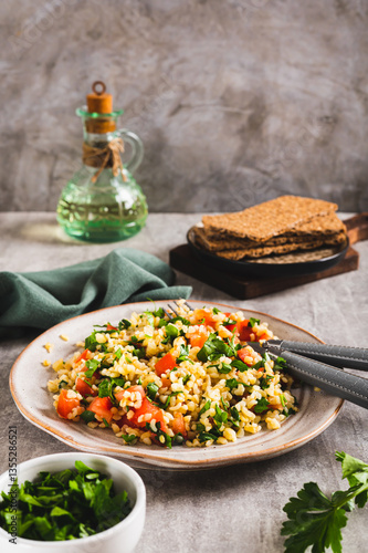 Obraz na płótnie Tabbouleh salad with bulgur, tomato and parsley on a plate on the table vertical view w salonie