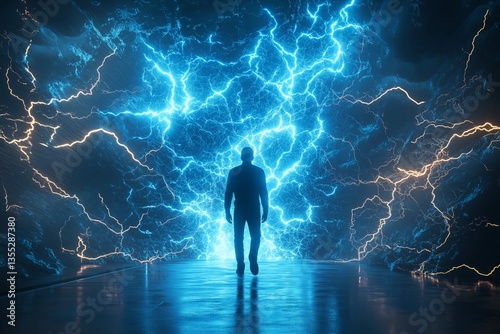 Lone man walks through neon-lit city street during intense lightning storm with powerful electric bolts and dramatic rainy night atmosphere, Generative AI