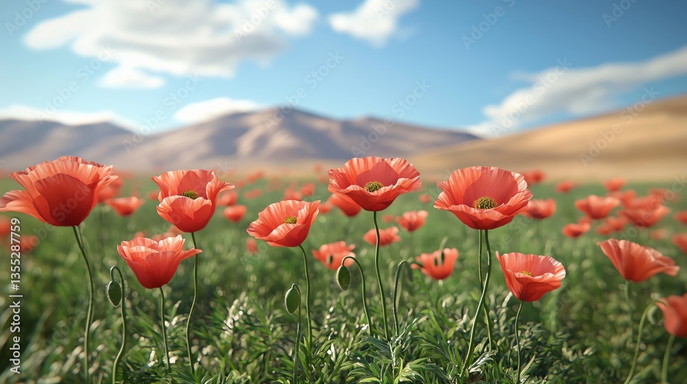 Naklejka premium Beautiful red poppy field blooming under a blue sky with distant mountain range creating a peaceful natural landscape and serene outdoor scene, Generative AI