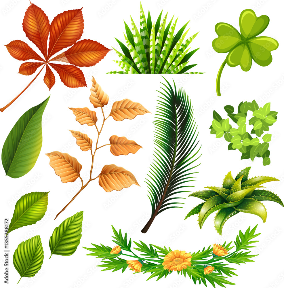 Naklejka premium Set collection vector illustration green leaves on transparent background