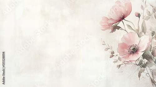 Hand painted poppies with soft blush petals on wrinkled parchment paper background, perfect for romantic stationery, floral packaging, feminine poster art, springtime marketing, rustic branding