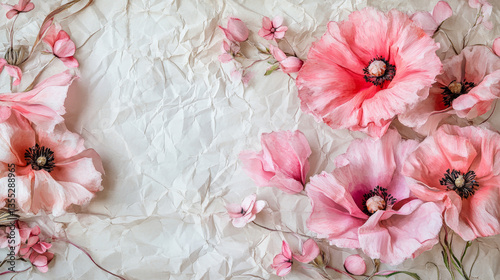 Hand painted poppies with soft blush petals on wrinkled parchment paper background, perfect for romantic stationery, floral packaging, feminine poster art, springtime marketing, rustic branding