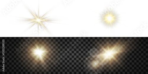Vector transparent sunlight with sun glare. Overlay, Sun rays and glare, Sun, sunrays, light transitions, lens flare, light leaks and glare in PNG format. PNG sunlight flare. Golden flash and glare.