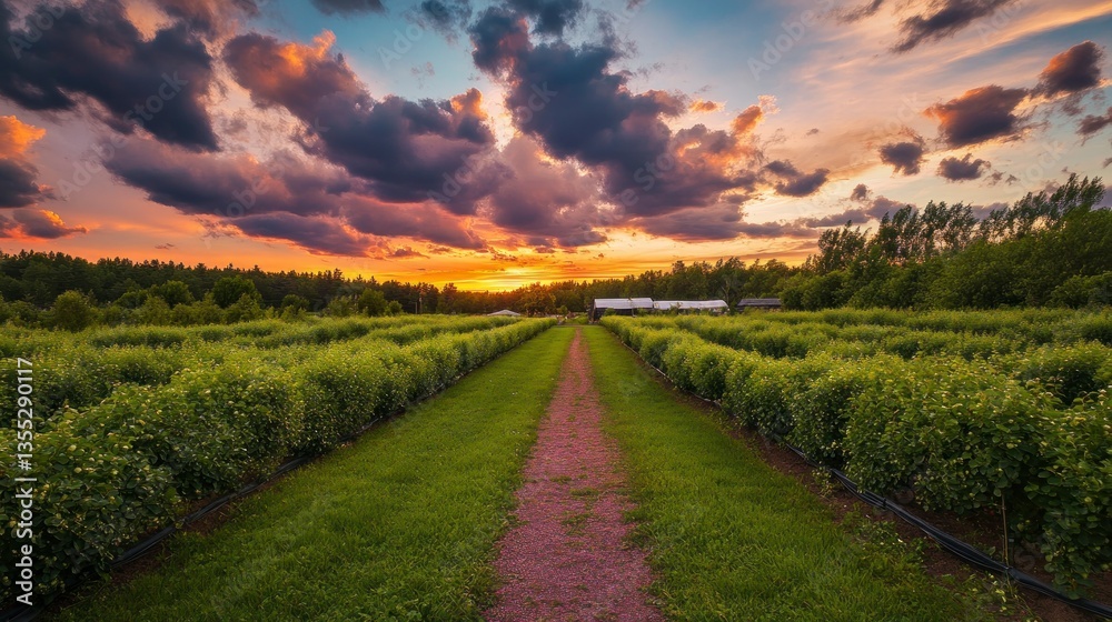Obraz premium Blueberry farm and path with dramatic sunset clouds