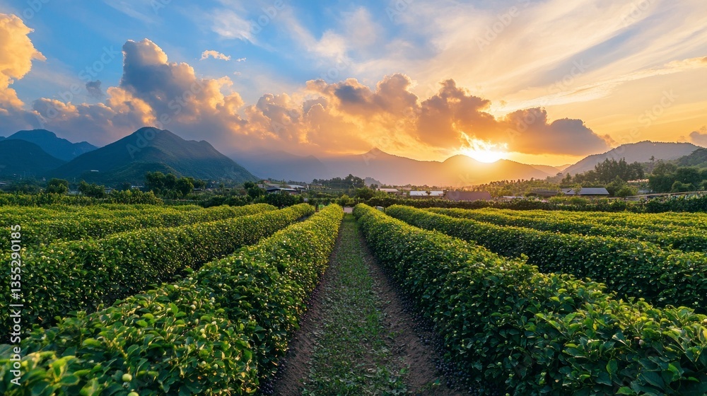 Fototapeta premium Blueberry farm and path with dramatic sunset clouds