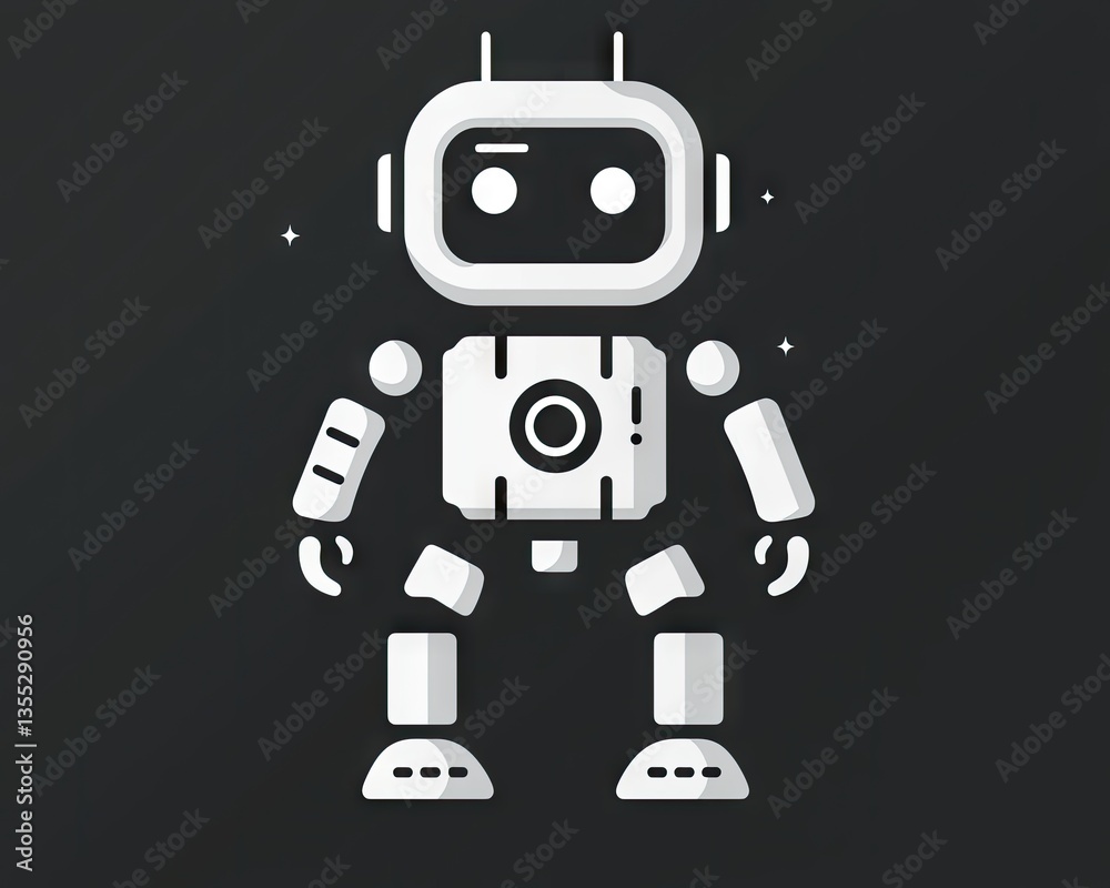 A simplistic, white robot stands against a dark background. Clean lines and minimal detail create a friendly design A simplistic, white robot stands against a dark background. Clean lines and minimal detail create a friendly design
