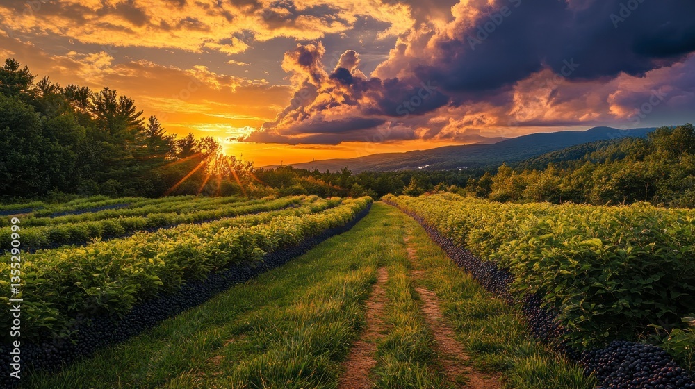 Obraz premium Blueberry farm and path with dramatic sunset clouds