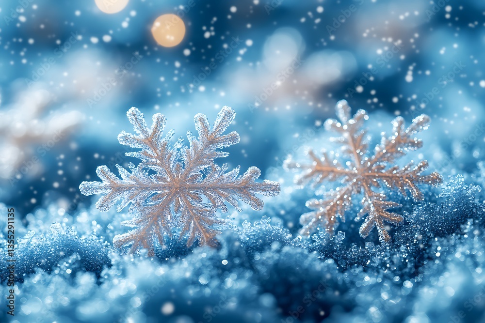 Frozen Snowflake Details on Blue Background, Sparkling Ice Crystals & Golden Highlights Frozen Snowflake Details on Blue Background, Sparkling Ice Crystals & Golden Highlights