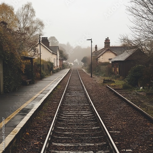 Wallpaper Mural An empty railway line running through a quiet town, the tracks laid neatly but with no trains in sight, the surrounding houses silent and still, tranquil and empty. Torontodigital.ca