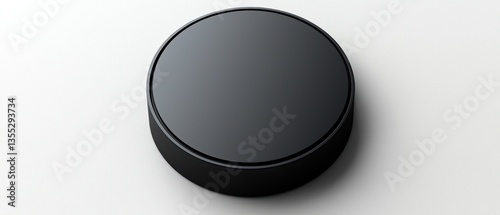 A sleek, black, circular object, possibly a puck or a button, sits on a white background.  Its smooth surface and simple design are prominent features