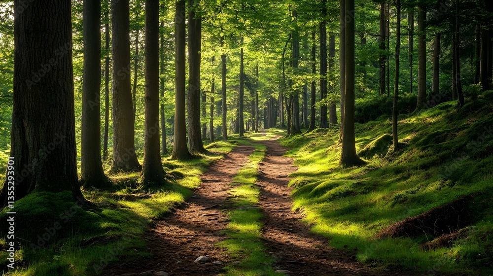 Obraz premium Forest Path: Sunlit forest path leading through a lush woodland, offering a sense of tranquility and adventure.
