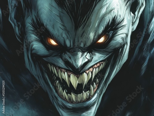 Monster face intense stare sharp teeth grinning