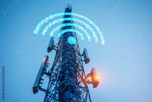 Cellular communication tower with blue wireless signal icon on top against sky, concept of mobile data, connectivity and modern technology, Generative AI photo