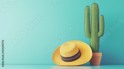 Yellow straw hat leaning on green cactus in pot against turquoise wall, bright minimal summer vacation and desert relaxation concept, Generative AI photo