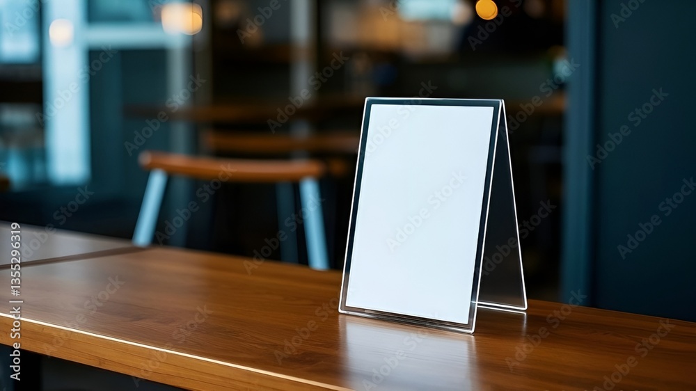 Imitation Blank White Menu Frame on Table in Restaurant Bar, Imitation Blank White Menu Frame on Table in Restaurant Bar,