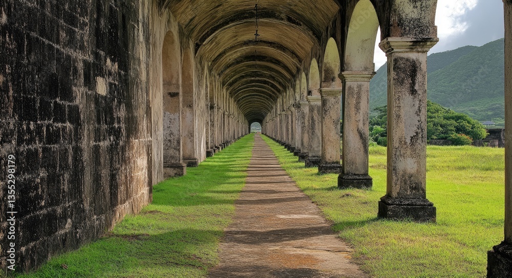 Obraz premium St. Kitts Architectural Elegance: Stone Columns Framing a Serene Corridor