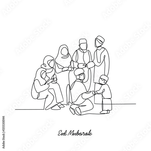 One continuous line drawing of celebration eid mubarak vector illustration. Eid mubarak celebration family time design concept with simple linear style. Islamic themes design for your vector asset.