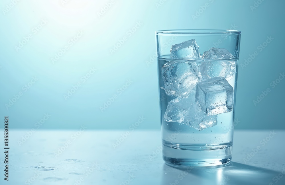 Glass water with ice cubes. Refreshing beverage. Transparent glass, pure, clean liquid, cold, fresh. Drink for hydration, thirst. Blue backdrop, white table, condensation. Glass water with ice cubes. Refreshing beverage. Transparent glass, pure, clean liquid, cold, fresh. Drink for hydration, thirst. Blue backdrop, white table, condensation.