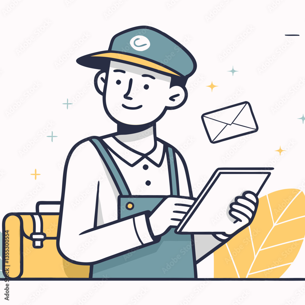Mail carrier in teal uniform smiles while holding tablet with envelope nearby. Friendly postal worker with digital device and satchel visible provides efficient service Concept postal service, deliver Mail carrier in teal uniform smiles while holding tablet with envelope nearby. Friendly postal worker with digital device and satchel visible provides efficient service Concept postal service, deliver