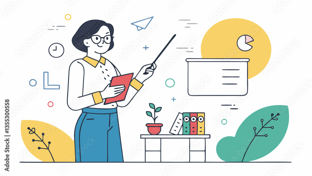Fototapeta premium Woman teacher giving presentation with pointer and file beside whiteboard and office elements. Educational professional standing near potted plant, books and pie chart in minimalist line drawing. 