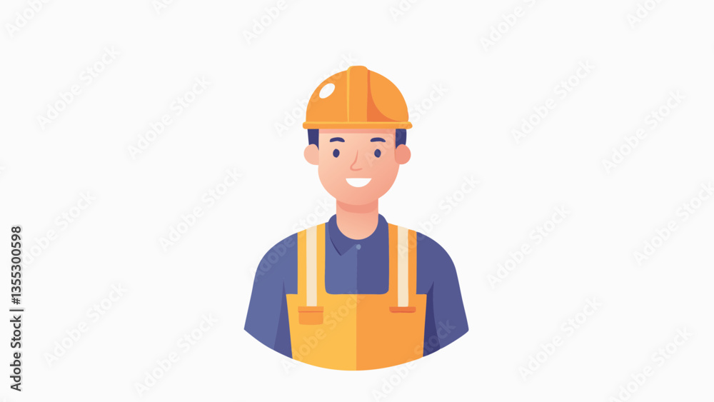 Happy construction worker wearing orange hard hat and yellow overalls looks at camera with broad smile. Light-skinned male with dark hair in circular friendly cartoon illustration. Happy construction worker wearing orange hard hat and yellow overalls looks at camera with broad smile. Light-skinned male with dark hair in circular friendly cartoon illustration.