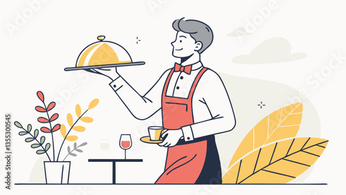 Waiter in bowtie holds serving cloche and beverage tray with upward glance. Attentive server with wine glass and cup smiles anticipating customer needs. Concept: hospitality, fine dining, service 