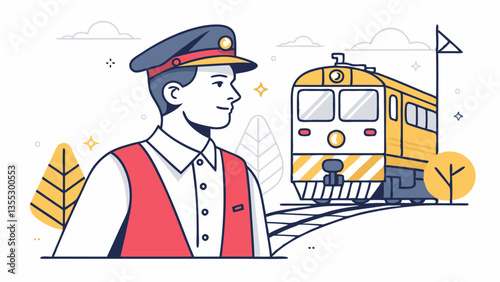 Train conductor in profile looking at yellow train on tracks. Minimalist illustration with red, yellow and blue elements against stylized foliage backdrop. Concept: transportation, railway service