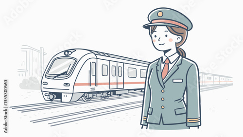 Female train conductor stands before modern train on tracks. Clean stylized illustration .Professional in uniform, urban background Concept public transportation, railway services, women in transit.
