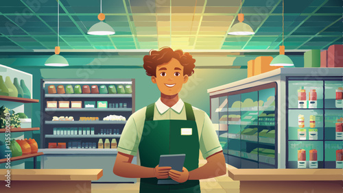 Grocery store worker smiles behind counter. Brown-skinned male with curly hair wears green apron holding clipboard in well-stocked store. Concept: retail, customer service, food industry.