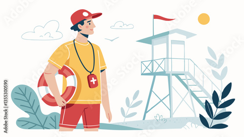 Lifeguard stands on beach with life preserver. Wearing red cap, yellow shirt, red shorts near tower under sunny sky. Concept: water safety, beach management, summer recreation.