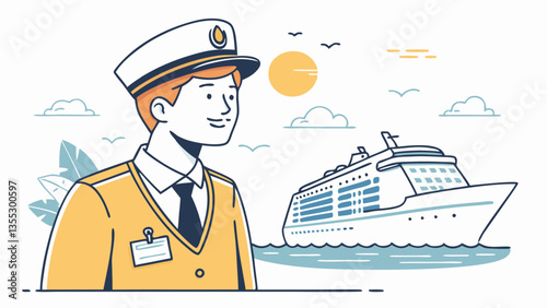 Cruise ship officer looks at vessel on calm water. Captain in yellow uniform stands in profile with white hat. Concept: maritime industry, tourism, cruise line operations.