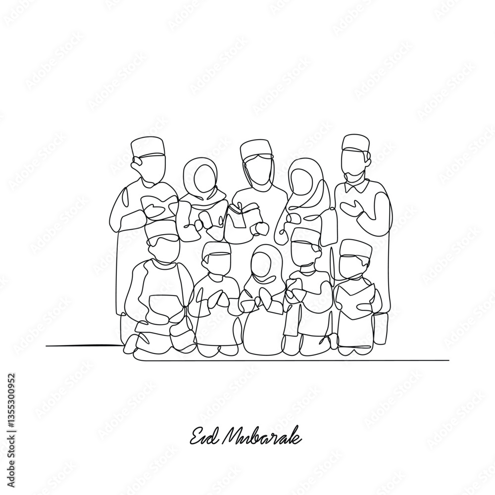 One continuous line drawing of celebration eid mubarak vector illustration. Eid mubarak celebration family time design concept with simple linear style. Islamic themes design for your vector asset. One continuous line drawing of celebration eid mubarak vector illustration. Eid mubarak celebration family time design concept with simple linear style. Islamic themes design for your vector asset.