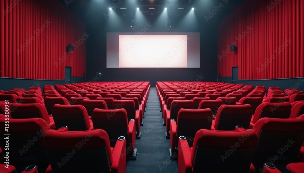 Empty modern cinema theater with red seats and illuminated screen. Comfortable chairs ready for movie night. Anticipation for film viewing experience in luxury movie theatre. Empty modern cinema theater with red seats and illuminated screen. Comfortable chairs ready for movie night. Anticipation for film viewing experience in luxury movie theatre.