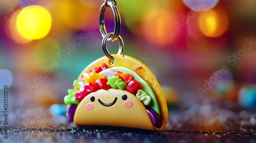 Cute taco keychain with cheerful face, colorful background, perfect for foodies, happiness