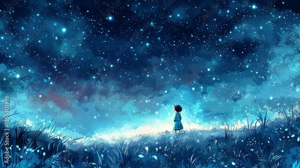 Obraz premium Child Standing Under Starry Night Sky in Dreamy Blue Landscape