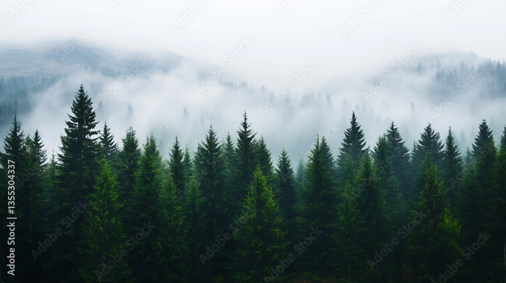 Dense Evergreen Forest Covered in Misty Fog with Majestic Mountains in the Background : Generative AI Dense Evergreen Forest Covered in Misty Fog with Majestic Mountains in the Background : Generative AI