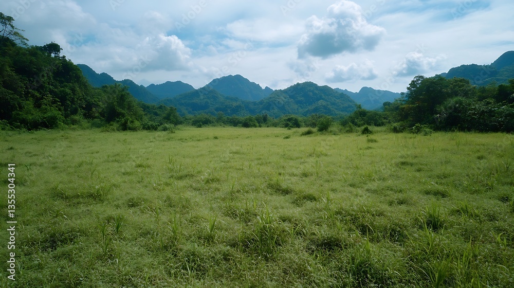 Fototapeta premium Expansive view of lush green fields surrounded by mountains under a bright blue sky with fluffy clouds : Generative AI
