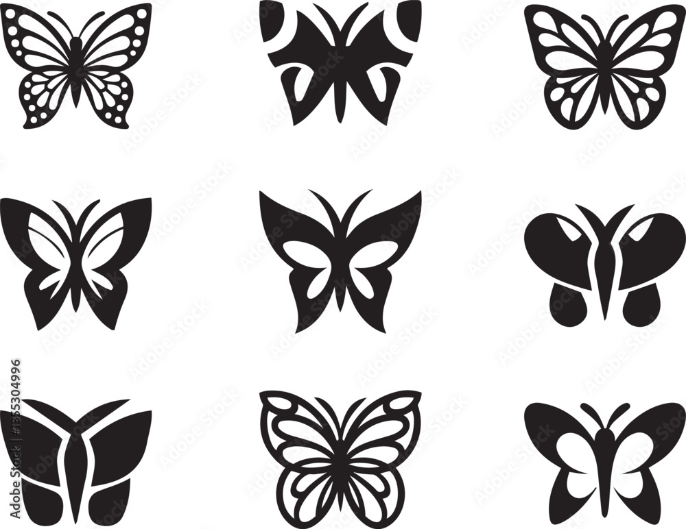 Fototapeta premium Butterfly Silhouette Vector Set, Black Insect Icons for Design