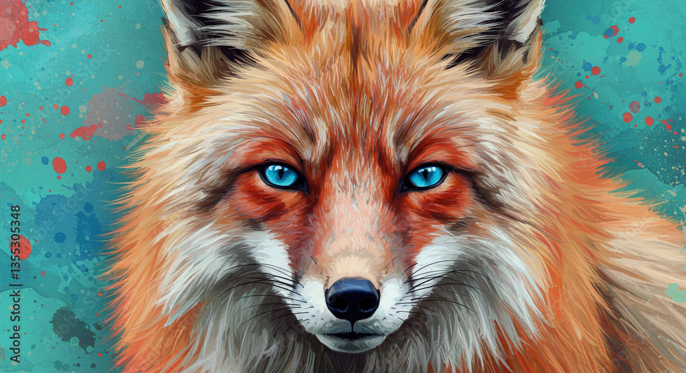 Naklejka premium It is a striking digital painting of a fox's face, blending abstract expressionism with realism