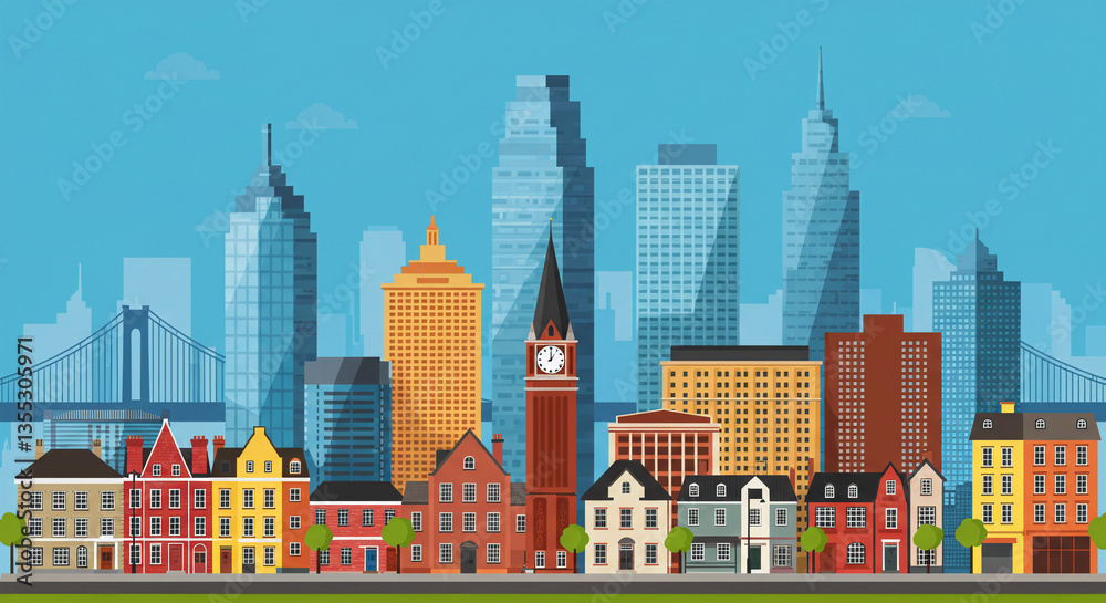 Obraz premium A vibrant, colorful city skyline illustration with a mix of modern and traditional architecture, blending contemporary glass skyscrapers