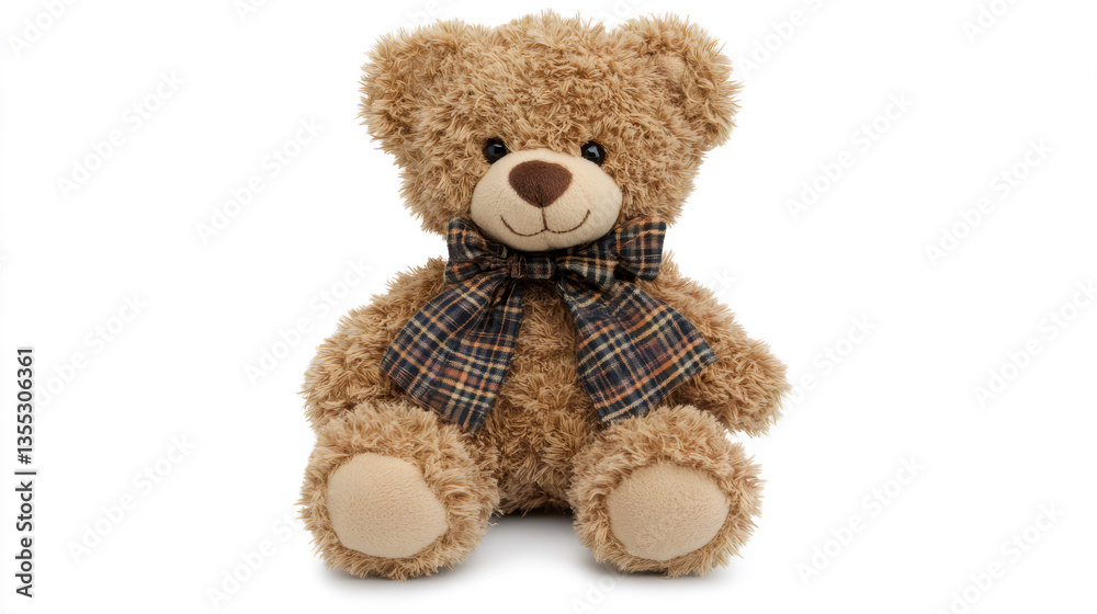 Obraz premium Cute soft teddy bear sitting upright on white background, adorable stuffed toy for nursery decor, children birthday gift, baby shower, childhood memory, interior accent, and playful product mockup