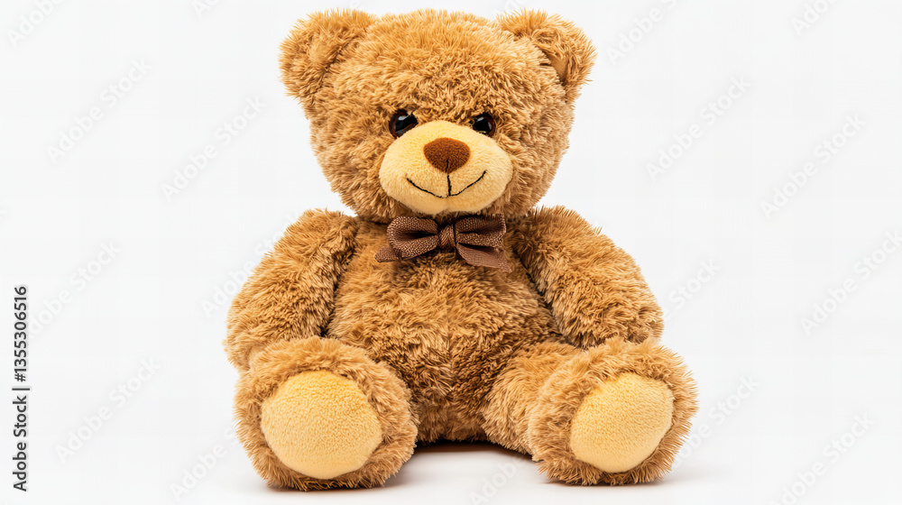 Obraz premium Cute soft teddy bear sitting upright on white background, adorable stuffed toy for nursery decor, children birthday gift, baby shower, childhood memory, interior accent, and playful product mockup