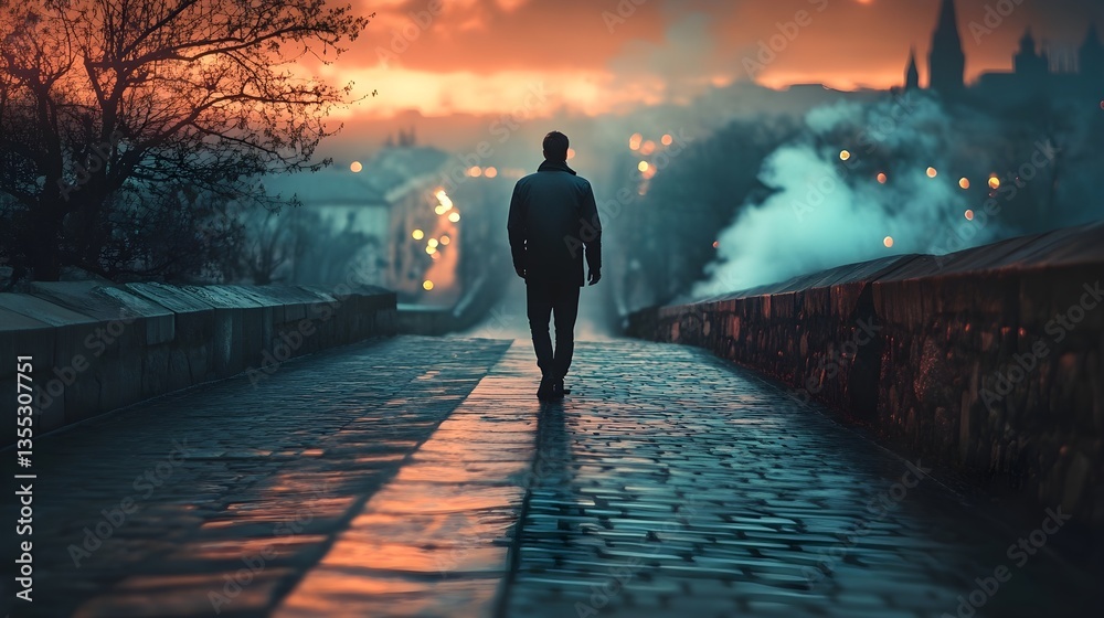 Solo Journey Across the Bridge: A solitary figure traverses an ancient bridge at twilight, the cityscape fading into a beautiful orange sky. Solo Journey Across the Bridge: A solitary figure traverses an ancient bridge at twilight, the cityscape fading into a beautiful orange sky.